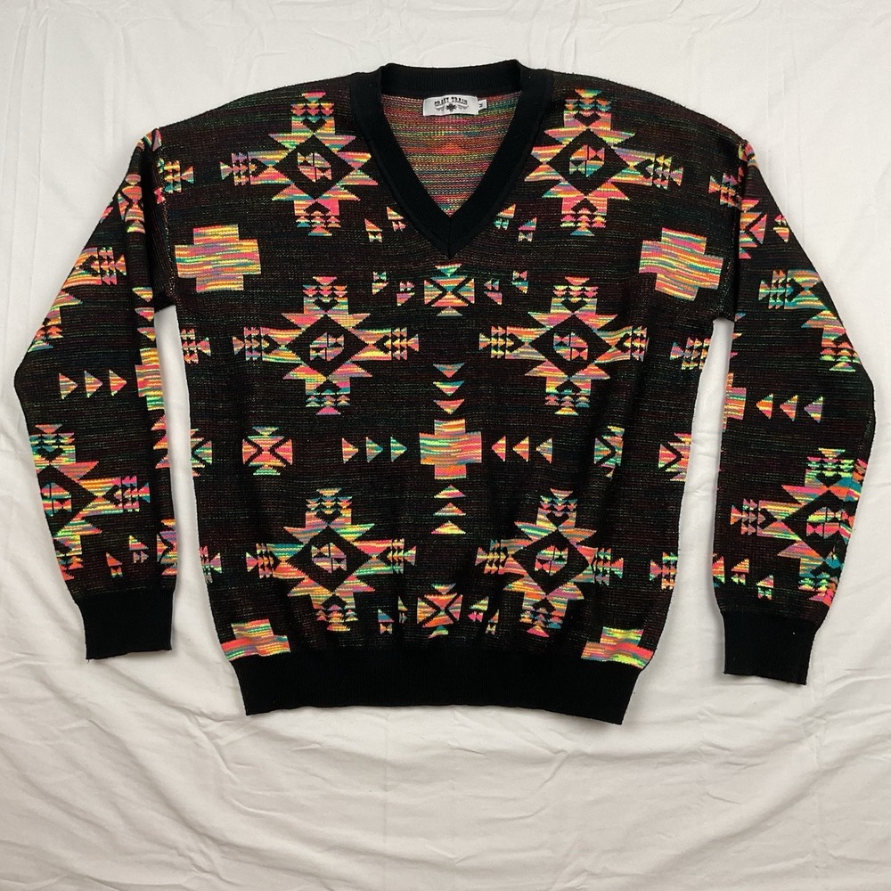 Crazy Train Sweater Medium Vintage Aztec Knit Southwest Pullover Retro‎ Y2K